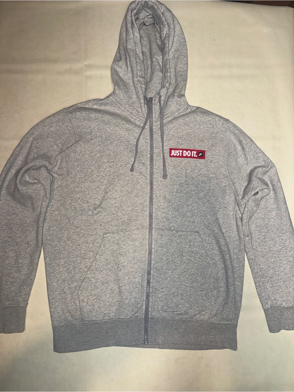 Nike Grey Zip-Up Hoodie with Red 'Just Do It' Patch - Men's Sweater